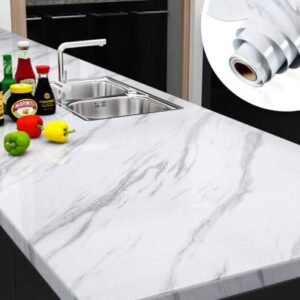 Self Adhesive White Marble Sheet For Kitchen – Anti Oil And Heat Resistant Wallpaper